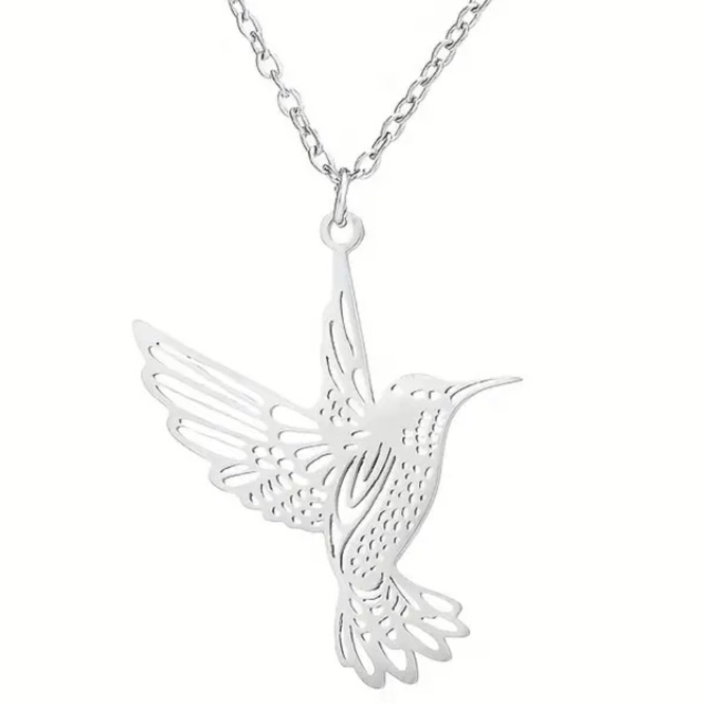 Hummingbird Laser Cut Silver Toned Necklace - Picture 2 of 2
